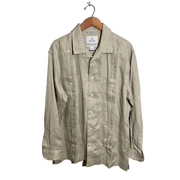 28 Palms Long Sleeve Linen Shirt Relaxed Button Pleats Pockets Men’s Large Beige - Picture 1 of 5